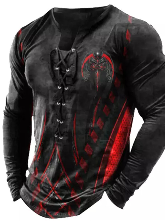  男性用 Tシャツ グラフィック カラー ブラック 3Dプリント アウトドア ストリート 長袖 レースアップ プリント 衣類 ベーシック デザイナー カジュアル クラシック