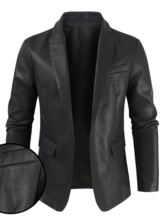  Men's Blazer Faux Leather Jacket Winter Long Pure Color With Belt Casual Casual Daily Work Daily Wear Warm Black
