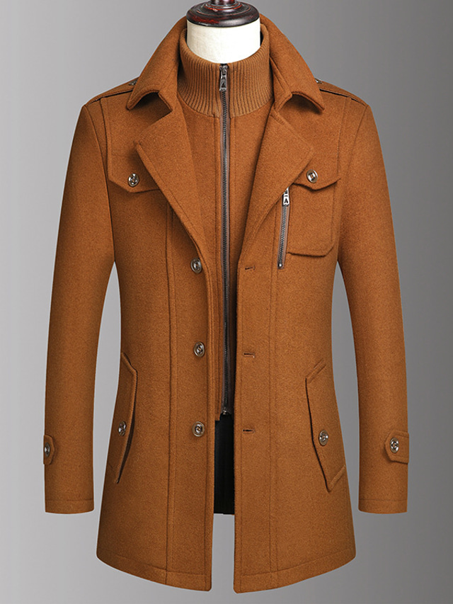  Casaco masculino casaco de lã de pavão de inverno com abotoamento duplo regular slim fit quente cor sólida outono manga longa grosso clássico trench coat escritório trabalho diário