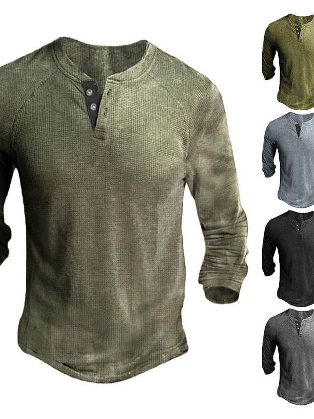  Men's Henley Shirt Tee Solid Color Henley Green Black Blue Army Green Gray Street Sports Long Sleeve Button-Down Clothing Apparel Fashion Designer Casual Comfortable