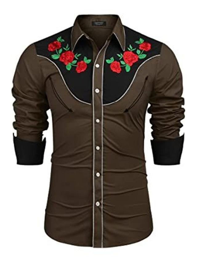  Men's Shirt Western Shirt Floral Graphic Prints Turndown Khaki 3D Print Outdoor Street Long Sleeve Button-Down Print Clothing Apparel Fashion Designer Casual Soft
