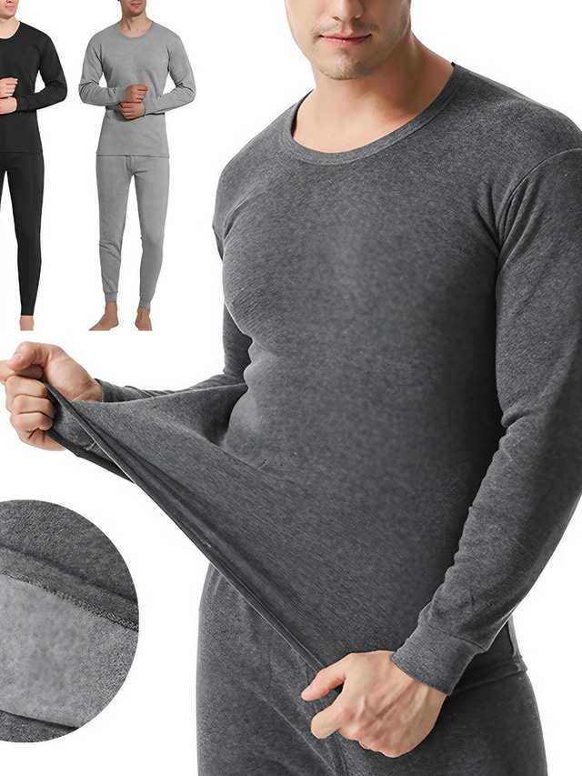  Men's Thermal Underwear Sleepwear Thermal Set Pure Color Basic Fashion Comfort Home Polyester Warm Crew Neck Long Sleeve Pant Elastic Waist Winter Fall Black Light gray