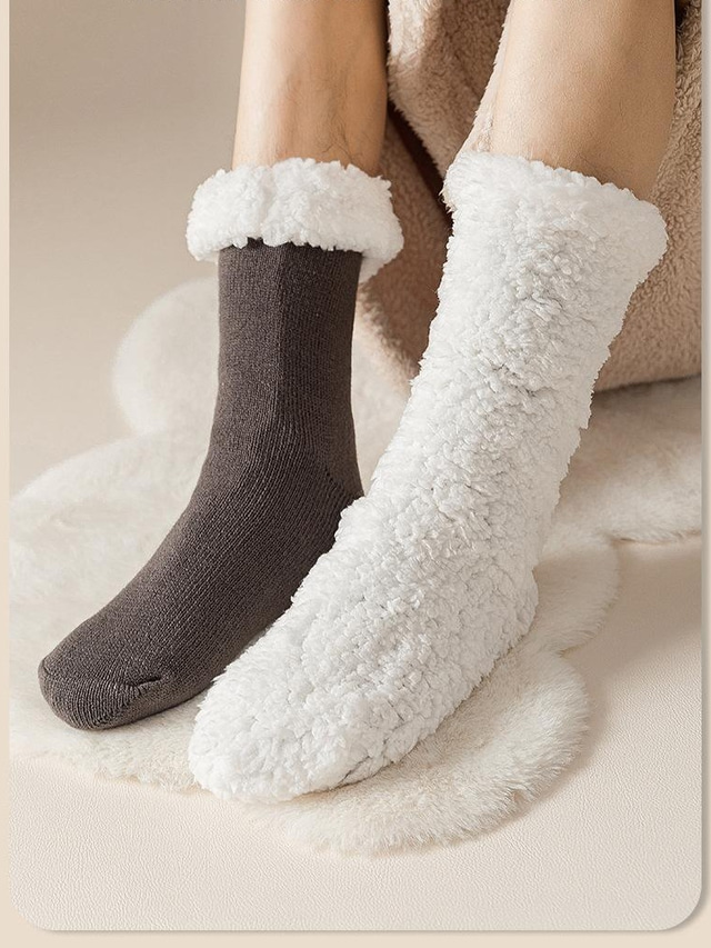  Men's 1 Pair Sherpa Lined Socks Stockings Slipper Socks Solid Color Home Warm Winter Black khaki Light Gray