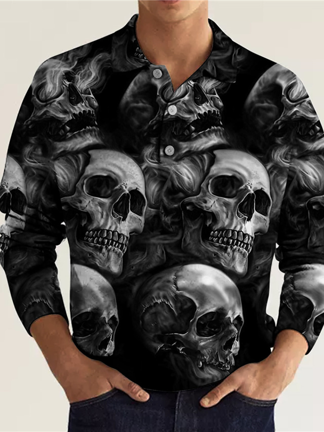  Men's Polo Shirt Golf Shirt Skull Graphic Prints Turndown Red Gray 3D Print Outdoor Street Long Sleeve Button-Down Print Clothing Apparel Cool Designer Casual Punk & Gothic