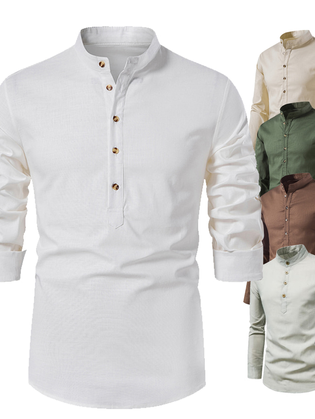 Men's Shirt Solid Colored Stand Collar Casual Daily Long Sleeve Tops ...