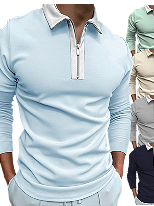 herre golfskjorte ensfarvet krave street daglig lynlås lange ærmer toppe bomuld sportstøj afslappet mode behagelig blå / efterår / vinter / sommer