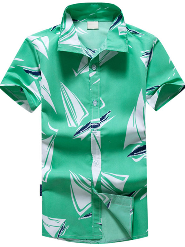  Муж. Гавайская рубашка Графика Отложной Зеленый на открытом воздухе Повседневные С короткими рукавами С принтом Одежда Гавайский Пляжный стиль