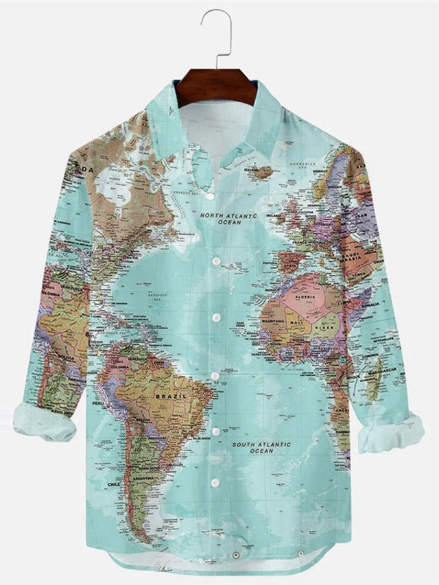  Men's Map Shirt Long Sleeve Vintage Fashion Designer Outdoor Casual Holiday Fall & Winter Turndown Print Button-Down Light Pink Blue Green Khaki