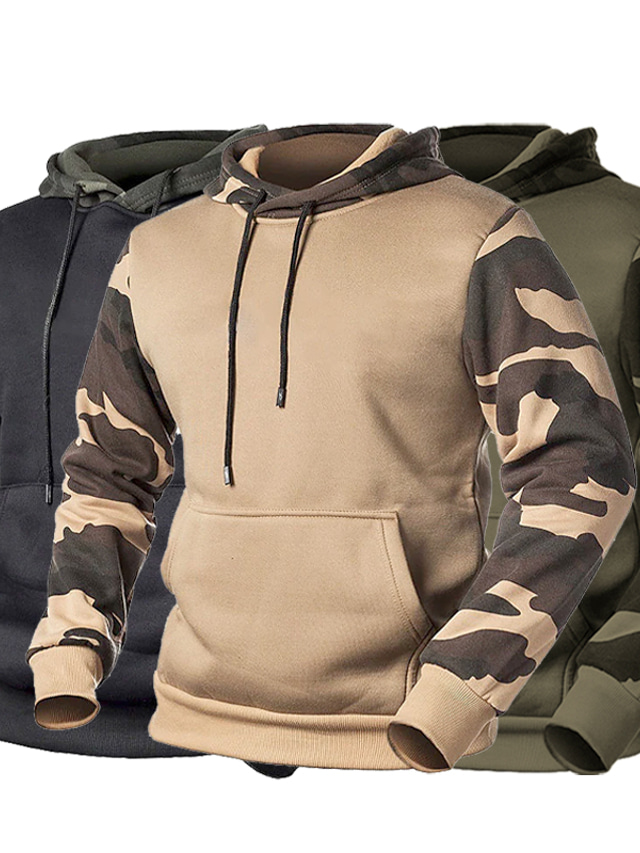  Men's Hoodie Sweatshirt Active Basic Color Block Black Army Green Khaki non-printing Hooded Going out Clothing Clothes Regular Fit