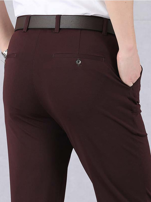  Men's Dress Pants Trousers Casual Pants Pocket Straight Leg Plain Stretch Office Business Stylish Formal Black Wine High Waist Micro-elastic