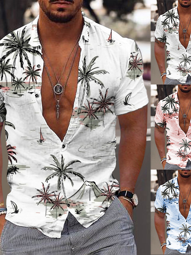  Bărbați Cămașă Cămașă hawaiană Cămașă de vară Cămașă grafică Copac de cocos Aloha Răsfrânt Roz Deschis Alb Bleumarin Imprimeu În aer liber Stradă Manșon scurt Buton în jos Imprimeu Îmbrăcăminte Mod