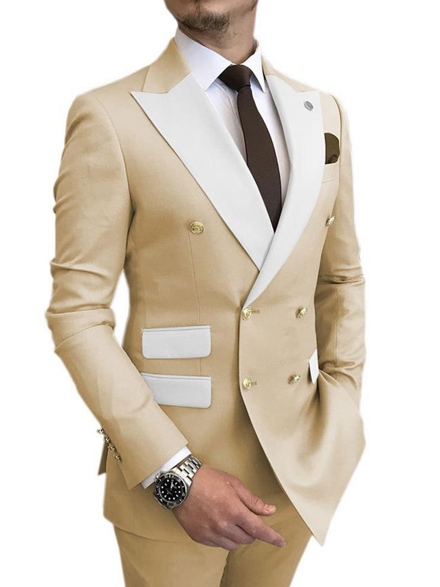  Men's Wedding Suits Champagne Blue Solid Colored Standard Fit 2 Piece Double Breasted Six-buttons