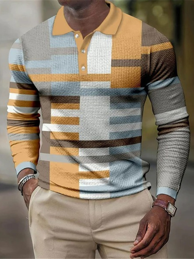  Men's Polo Shirt Golf Shirt Striped Graphic Prints Geometry Turndown White Blue Purple Orange Gray 3D Print Outdoor Street Long Sleeve Button-Down Print Clothing Apparel Fashion Designer Casual Soft