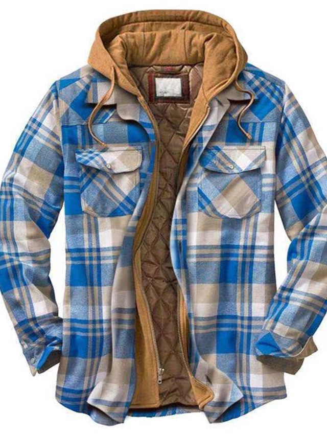  Men's Shirt Jacket Winter Jacket Casual Daily Vacation To-Go Zipper Hooded Warm Ups Comfort Leisure Jacket Outerwear Plaid Pocket Green Blue Red  Winter