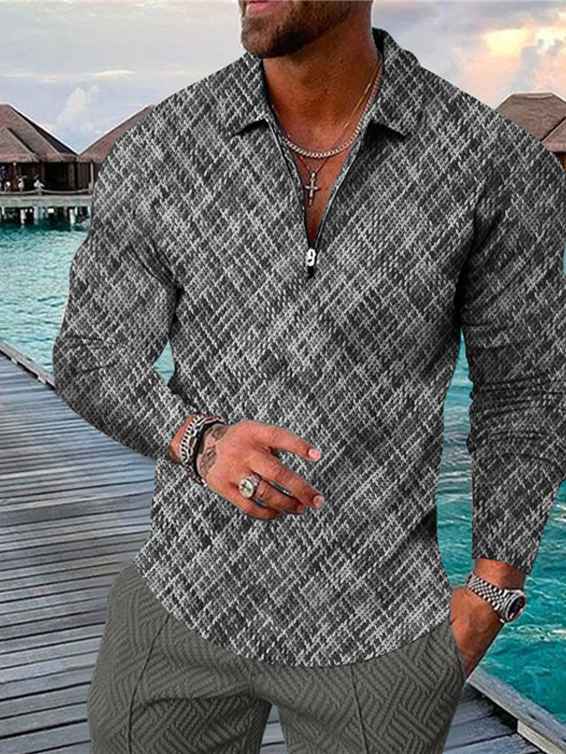  Men's Polo Shirt Golf Shirt Graphic Prints Geometry Turndown Wine Blue Khaki Royal Blue Brown 3D Print Outdoor Street Long Sleeve Zipper Print Clothing Apparel Fashion Designer Casual Soft