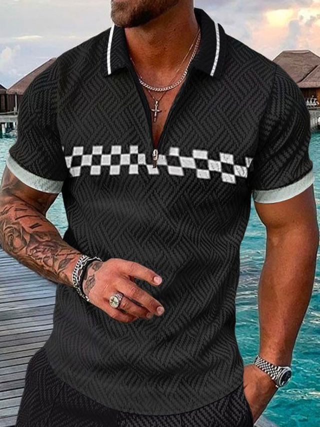  Men's Polo Shirt Golf Shirt Plaid Graphic Prints Turndown Wine Black Blue Army Green Dark Green 3D Print Outdoor Street Short Sleeves Zipper Print Clothing Apparel Fashion Designer Casual Breathable