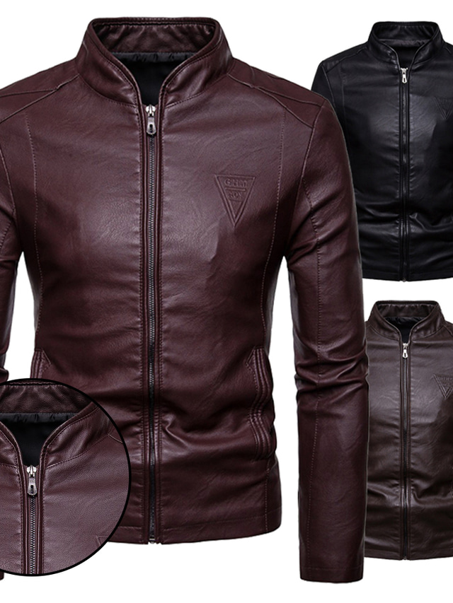  Men's Faux Leather Jacket Biker Jacket Daily Wear Work Winter Long Coat Regular Fit Warm Casual Casual Daily Jacket Long Sleeve Pure Color With Belt Light Red Brown Black