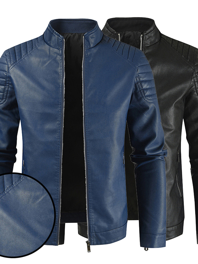  Men's Faux Leather Jacket Biker Jacket Daily Wear Work Winter Long Coat Regular Fit Warm Casual Casual Daily Jacket Long Sleeve Pure Color With Belt Navy Blue Black