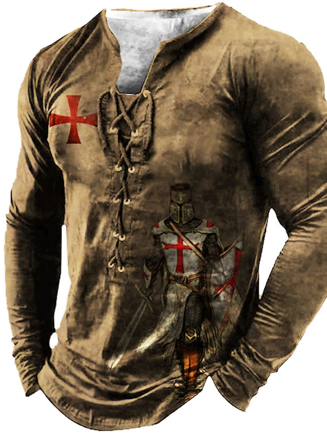  Bărbați Tricou Tricouri Grafic Crucea Templieră Henley Negru Maro Deschis Maro Gri Închis Tipărire 3D Knight Mărime Plus În aer liber Stradă Manșon Lung Cu Șiret Imprimeu Îmbrăcăminte De Baz