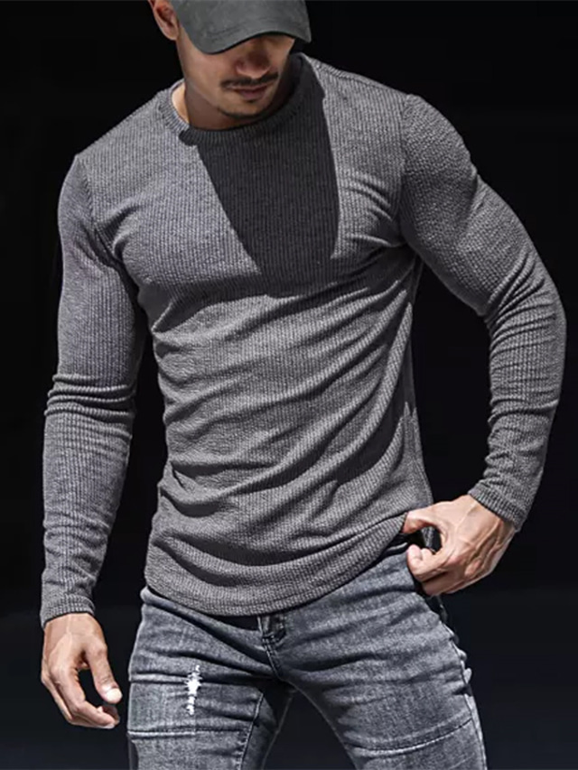  男性用 Tシャツ 純色 クルーネック ブラック グレー ホワイト ストリート スポーツ 長袖 衣類 ベーシック デザイナー カジュアル 快適