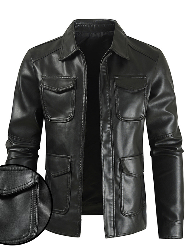  Men's Work Jacket Faux Leather Jacket Winter Long Pure Color With Belt Casual Casual Daily Work Daily Wear Warm Black
