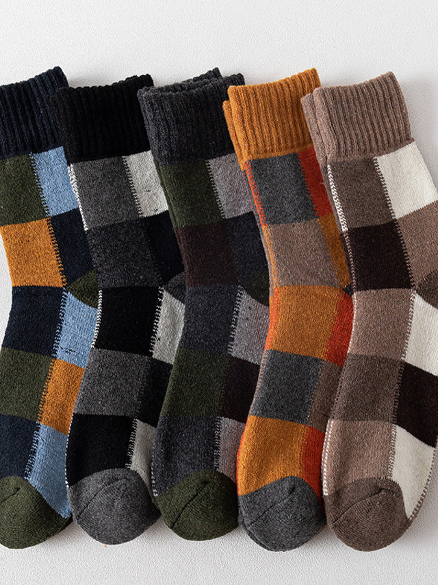  Men's 5 Pairs Socks Wool Socks Crew Socks Casual Socks Winter Socks Multi color Color Color Block Plaid Checkered Casual Daily Warm Fall & Winter Fashion Comfort