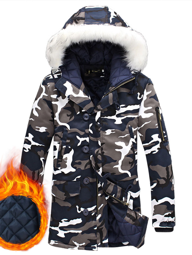  Men's Parka Winter Long Pure Color Print Casual Casual Daily Work Daily Wear Warm Army Green Light Blue