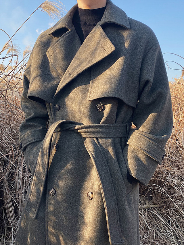  Men's Winter Coat Wool Coat Peacoat Daily Wear Going out Fall & Winter Polyester Washable Casual Outerwear Clothing Apparel Fashion Warm Ups Solid Colored With Belt Turndown Double Breasted