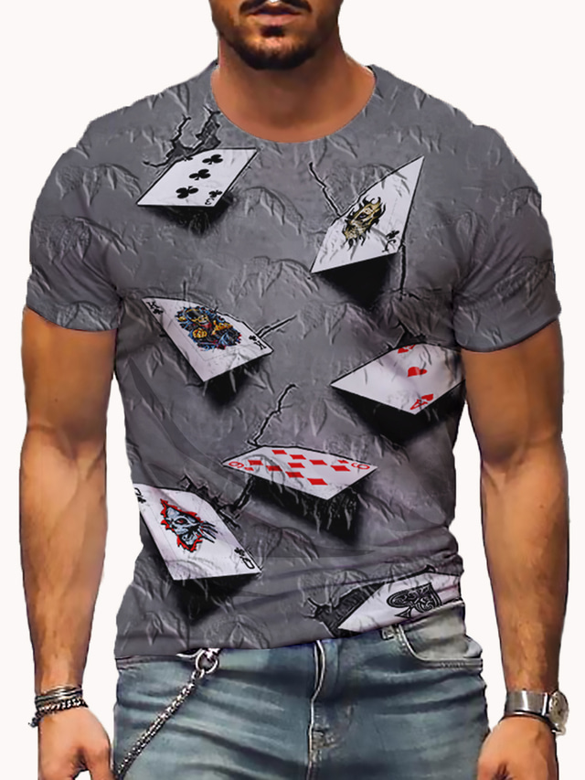  Playing Cards Casual Mens 3D Shirt | Brown Summer Cotton | Men'S Patterned Poker Round Neck Short Sleeve Gray Purple Yellow Party Daily Print Tops Graphic