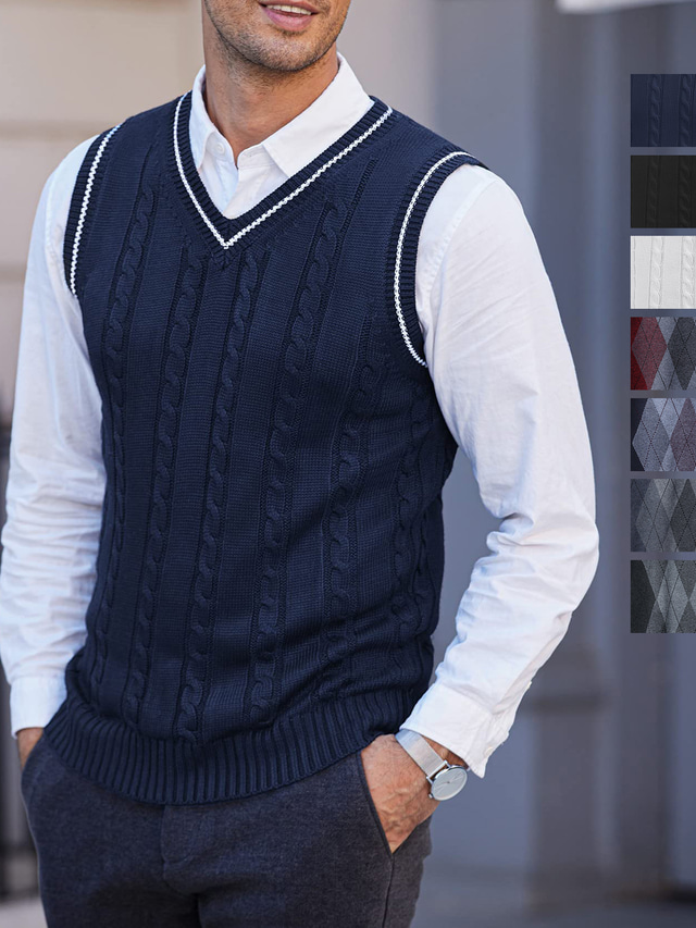  Men's Knit Sweater Vest Black Blue Pullover Sweater Jumper Cable Knit Layered Glitter Solid Color V Neck Ethnic Style Vintage Style Daily Drop Shoulder Winter Fall  S M L
