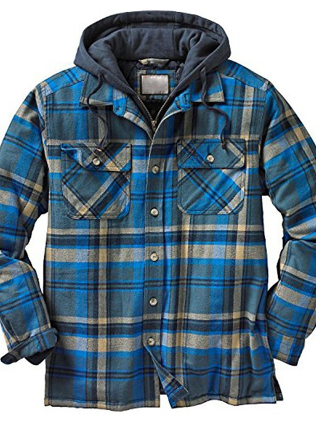  Men's Puffer Jacket Winter Jacket Quilted Jacket Shirt Jacket Winter Coat Warm Casual Plaid / Check Outerwear Clothing Apparel Blue / Black Blue Pink Blue