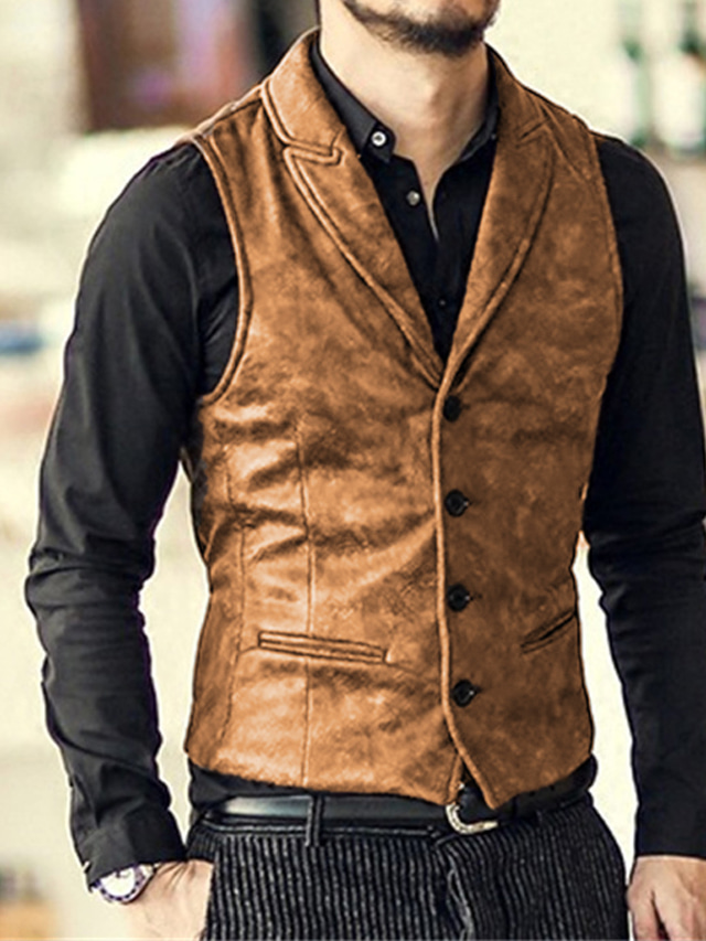  Men's Vest Gilet Warm Street Holiday Going out Single Breasted V Neck Vintage Style Casual Jacket Outerwear Pure Color Pocket Black Brown