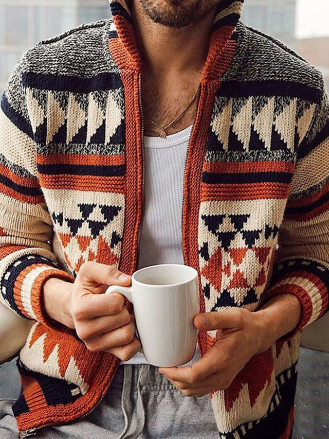  Men's Sweater Cardigan Zip Sweater Sweater Jacket Knit Button Knitted Geometric Shirt Collar Casual Clothing Apparel Winter Fall Red M L XL