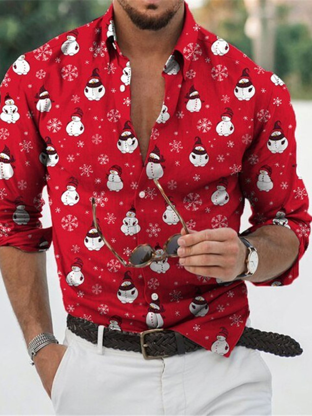  男性用 シャツ 雪だるま グラフィック スノーフレーク柄 折襟 R 白 + 赤 ブラック 白 + グレー ルビーレッド 3Dプリント クリスマス ストリート 長袖 ボタンダウン プリント 衣類 ファッション デザイナー カジュアル ソフト