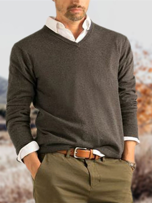  Herre Bluse Pullover trøje Strikke Klassisk Stil Helfarve V-hals Tøj Vinter Vin Rød S M L