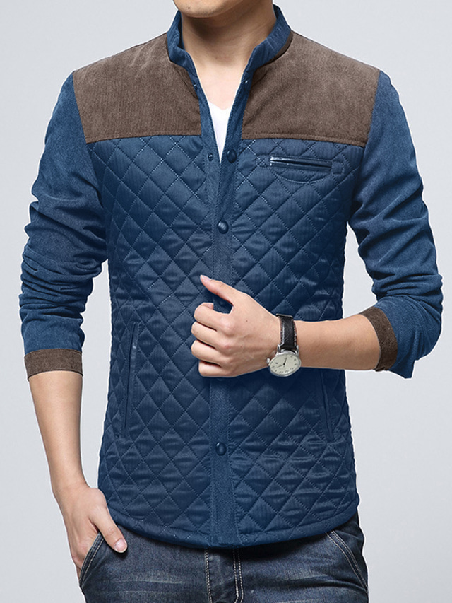  мужская контрастная стеганая куртка с воротником-стойкой на пуговицах (большая, темно-серая)