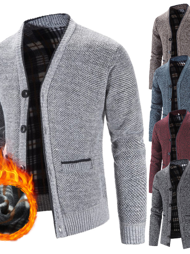  Men's Cardigan Knitted Solid Color Stylish Long Sleeve Regular Fit Sweater Cardigans V Neck Winter Blue Light gray Dark Gray