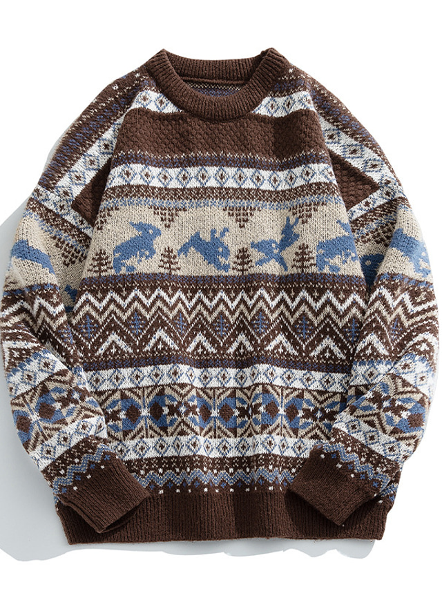  Męskie Sweter Sweter Fair Isle Pulower Prążkowany Robić na drutach Skrócona długość Dzianiny Zwierzę Wycięcie pod szyją Zatrzymujący ciepło Współczesny współczesny Praca Dzienne zużycie Odzież Jesie