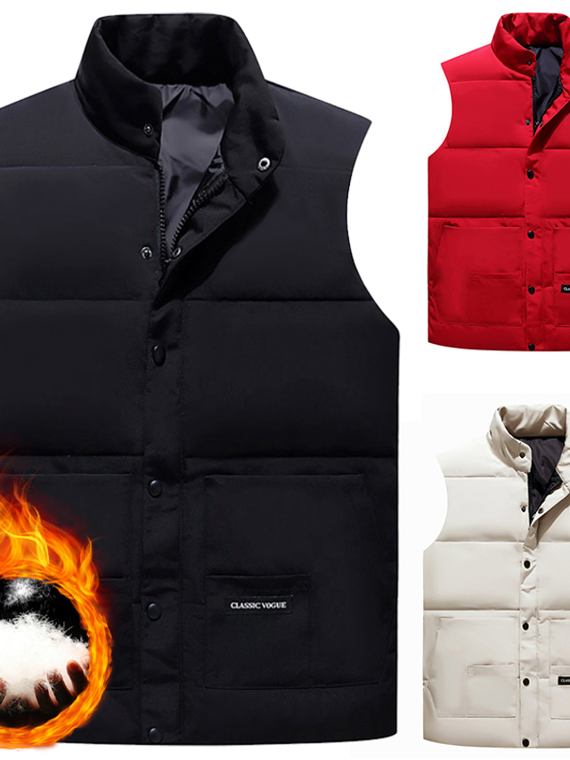  Men's Down Jacket Puffer Jacket Winter Jacket Parka Warm Work Daily Wear Pure Color Outerwear Clothing Apparel Black Red White