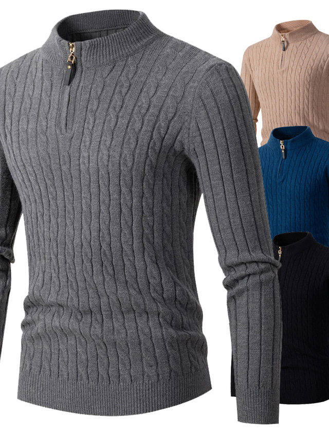  Men's Sweater Pullover Sweater Jumper Ribbed Knit Zipper Knitted Solid Color Stand Collar Basic Stylish Daily Holiday Clothing Apparel Winter Fall Black Khaki S M L