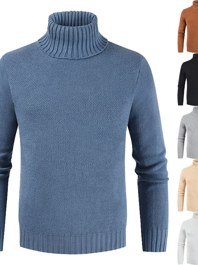  Men's Sweater Pullover Knit Solid Color Turtleneck Basic Holiday Clothing Apparel Winter Camel Khaki S M L / Long Sleeve
