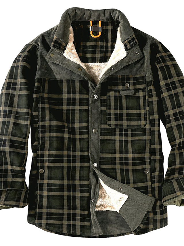  Men's Fleece Jacket Jacket Fleece Lining Daily Wear Going out Festival Buttoned Front Standing Collar Warm Ups Traditional / Classic Comfort Jacket Outerwear Plaid / Check Pocket Button-Down Dark