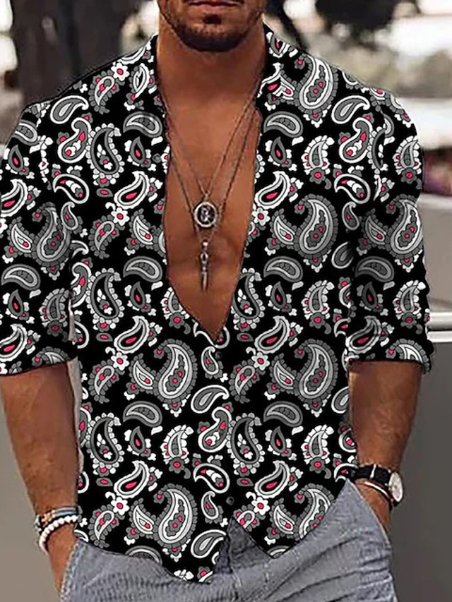  Men's Floral Shirt Long Sleeve Fashion Designer Casual Outdoor Casual Daily Summer Spring Turndown Print Button-Down Black Gold