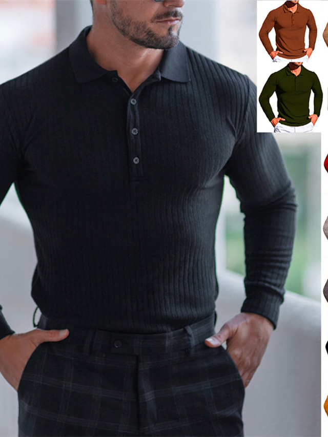  Voor heren POLO Shirt Golfshirt Effen Strijkijzer Zwart Geel Leger Groen Khaki Lichtgrijs Casual Dagelijks Lange mouw Button-omlaag Kleding Modieus Streetwear