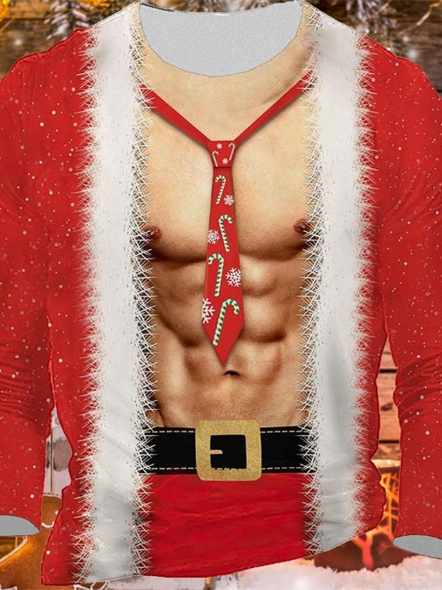  Voor heren T-shirt Kerstman Grafische prints Strakke ronde hals Zwart Rood Oranje Groen 3D-afdrukken Buiten Kerstmis Lange mouw Afdrukken Kleding Ontwerper Basic Casual Ruwe kerst