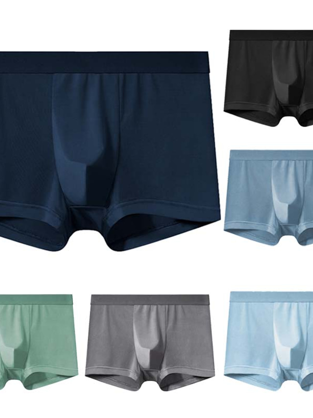  Men's 6 Pack Basic Panties Boxers Underwear Briefs Ice Silk Breathable Soft Underwear Pure Color Mid Waist Green Black