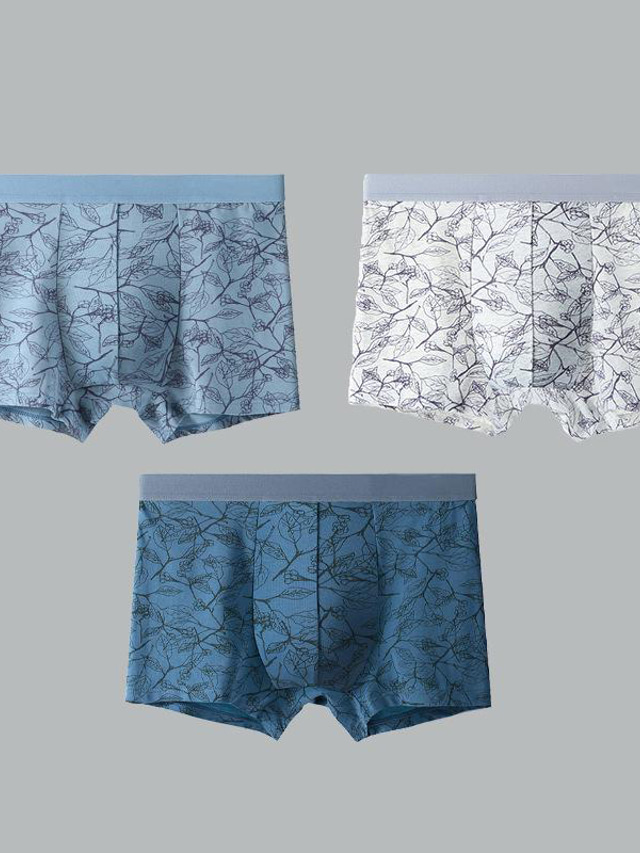  Men's 3 Pack Boxer Briefs Basic Panties Boxers Underwear Multipack Antibacterial Crotch Cotton Underwear Stripe Mid Waist Ice Blue+Blue+Grey Tea Green+Blue+Lake Green