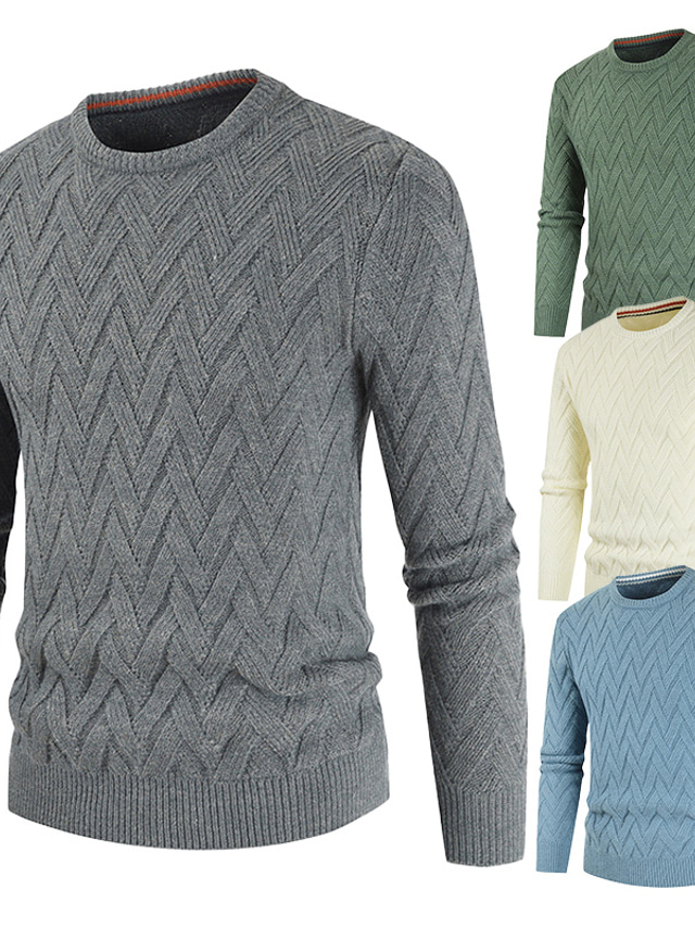  Men's Pullover Sweater Waffle Knit Cropped Knitted Solid Color Crew Neck Basic Stylish Outdoor Daily Fall Winter Blue Army Green M L XL / Cotton / Long Sleeve / Long Sleeve / Weekend