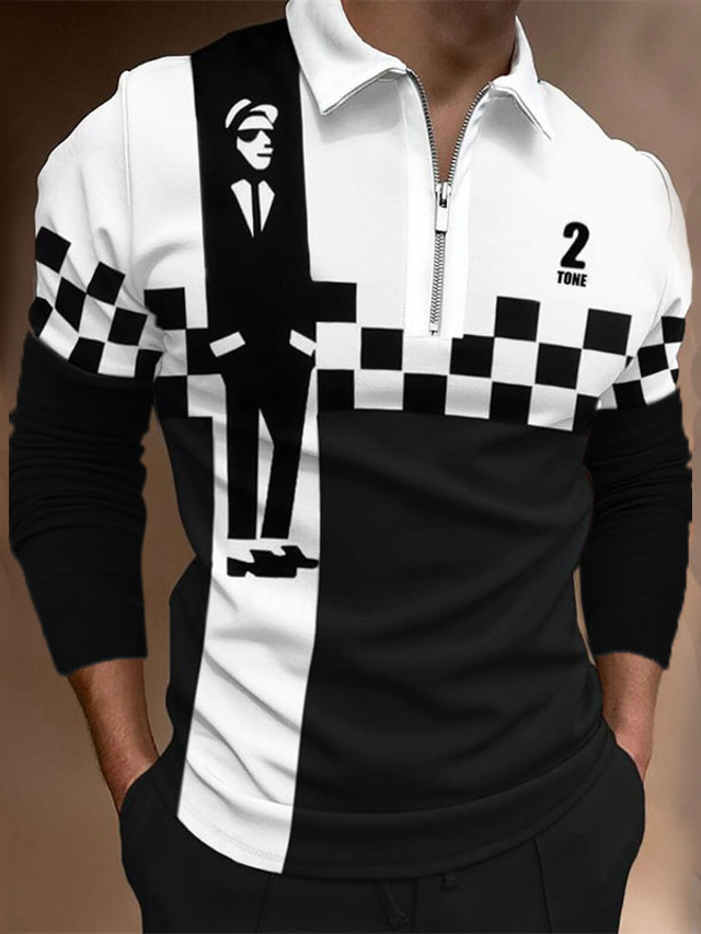  Voor heren POLO Shirt Golfshirt Ruitjes Abstract Grafische prints Strijkijzer Zwart Rood blauw Paars Oranje 3D-afdrukken Buiten Straat Lange mouw Vetoketju Afdrukken Kleding Sport Modieus Streetwear