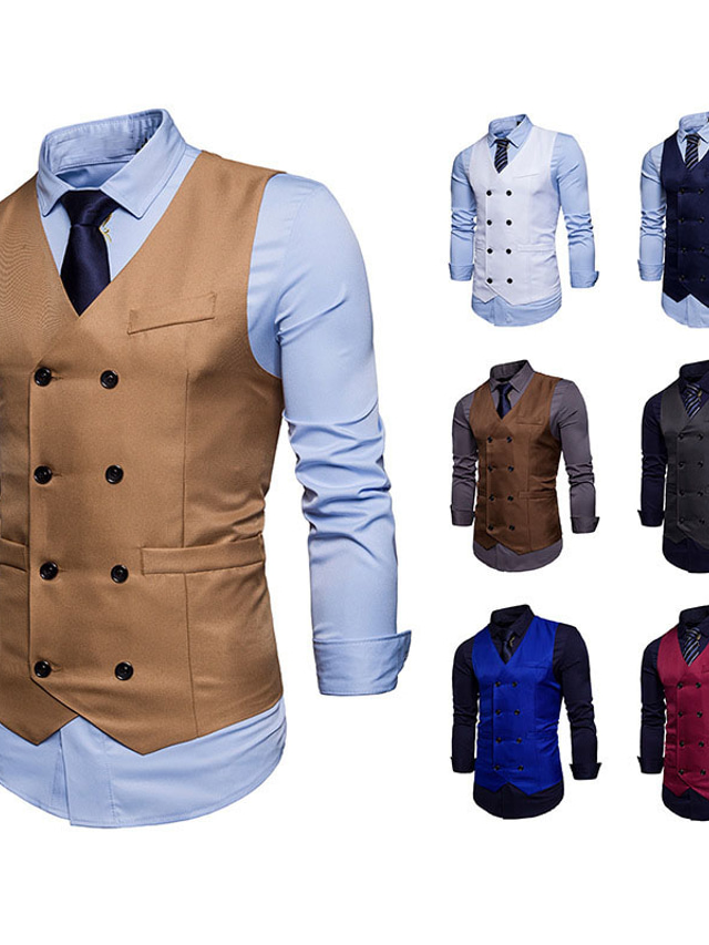  Men's Suit Vest Breathable Soft Comfortable Work Daily Wear Going out Double Breasted V Neck Business Casual Gentleman Jacket Outerwear Plain Pocket Wine Milk Green Black